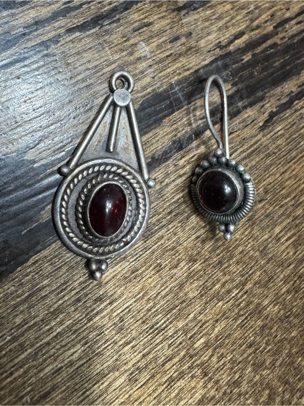 Vintage 92 Silver Garnet Drop Earring & pendant- Tribal / Ethnic Style